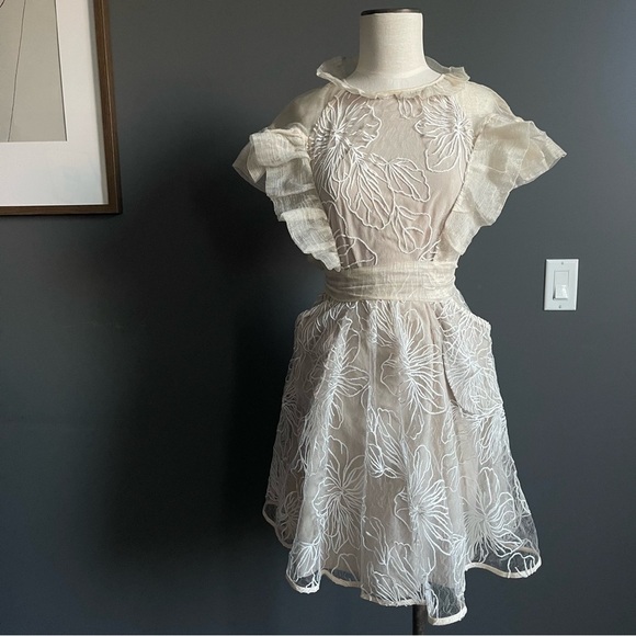Elliatt Cream Lace Flutter Sleeve Mini Dress | Ruffle Bib | Wedding Guest - Picture 2 of 14